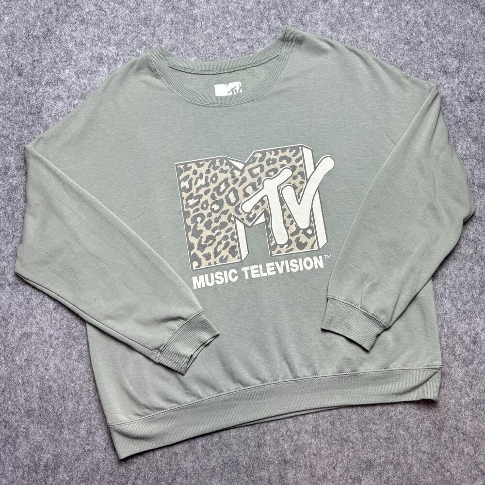 MTV Sweatshirt Womens 2XL Green Leopard Logo Music Television Graphic Pullover